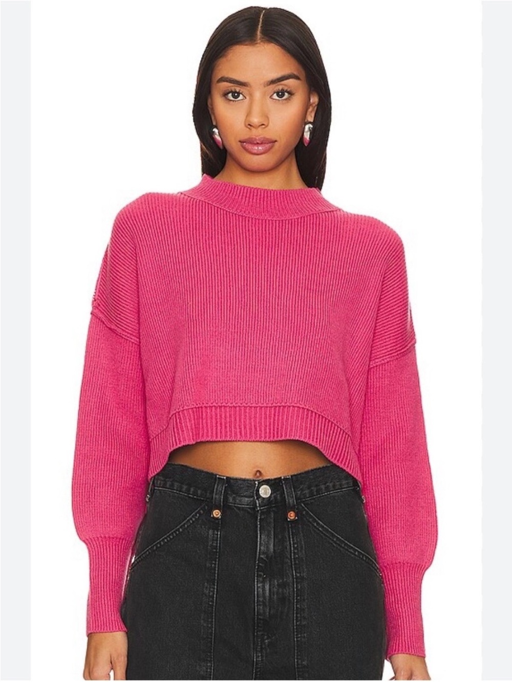 Free People Easy Oversized Cropped Sweater in Mademoiselle Pink Size L